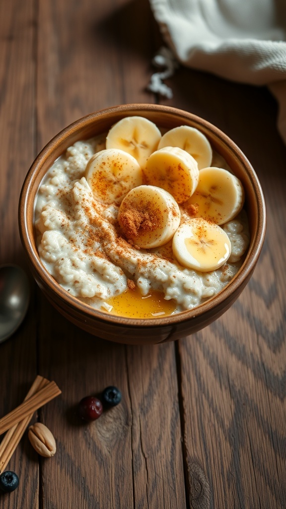 A bowl of creamy oatmeal topped with bananas and nuts on a rustic table.